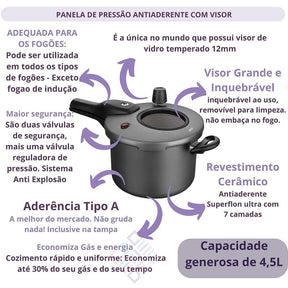 Panela de Pressão Antiaderente com Visor de Vidro MTA Revestimento Cerâmico 4,5L Fechamento Externo