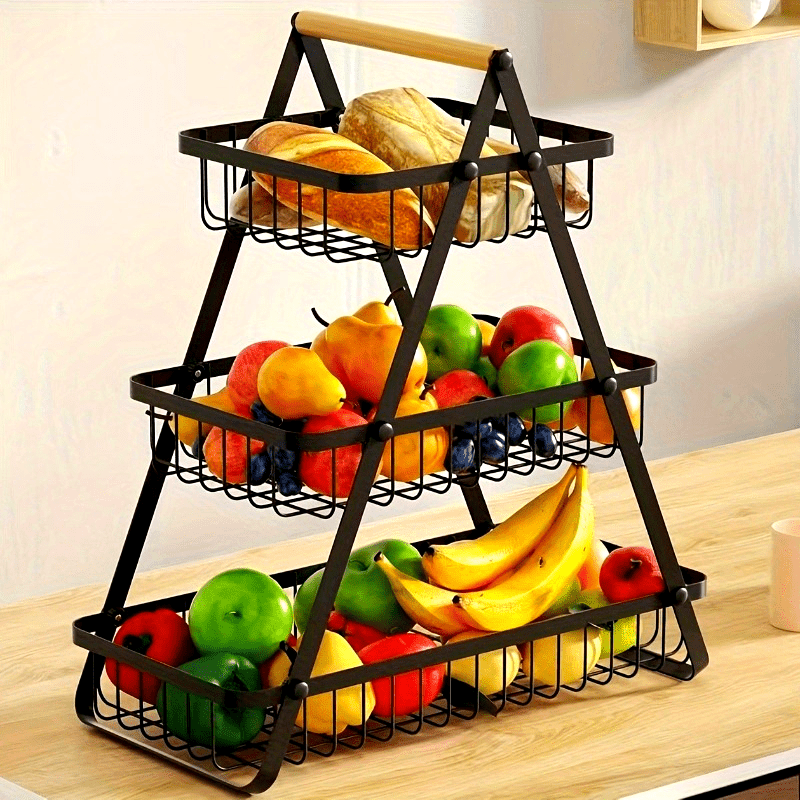 Suporte de frutas de 3 níveis, organizador de tigelas removível com pega de madeira, rack de armazenamento para organização e preservação de cozinha, utensílios de cozinha. Organizador de armazenamento de cozinha resistente para pão e snacks, cesto de fru