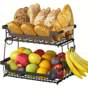 Prateleira de balcão de 2 níveis com 2 ganchos para cesta de frutas, adequada para cozinha, prateleira organizadora de frutas e vegetais de pão de metal removível com alça de madeira, tigela de rack de armazenamento retangular de grande capacidade, preto
