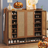 Armário de armazenamento de sapatos de bambu de 8 camadas com portas, sapateira para 38-42 pares para armário, armário de armazenamento de vime com portas para corredor ou sala de estar, marrom/cinza