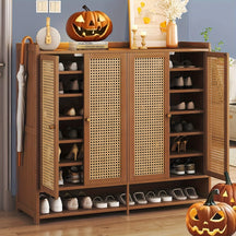 Armário de armazenamento de sapatos de bambu de 8 camadas com portas, sapateira para 38-42 pares para armário, armário de armazenamento de vime com portas para corredor ou sala de estar, marrom/cinza