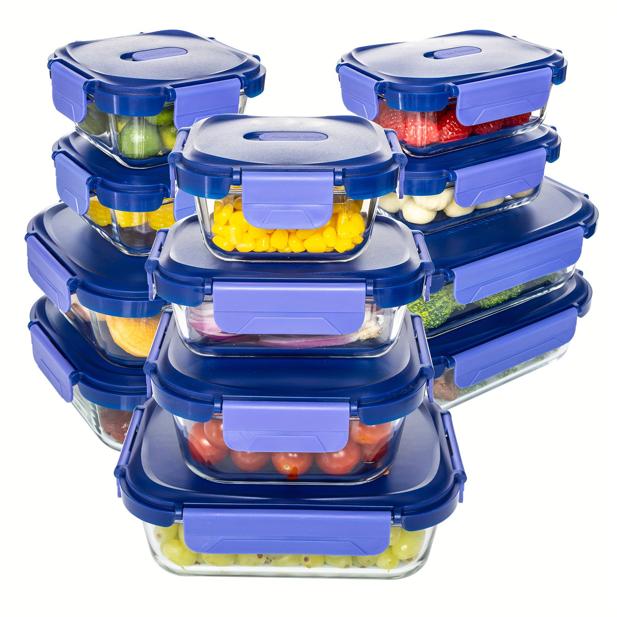 Conjunto de 24 Recipientes de Vidro Herméticos para Armazenamento de Alimentos, à Prova de Vazamentos, Livre de BPA, Seguros para Micro-ondas, Forno, Freezer e Lava-louças, Azul Escuro - 12 Recipientes & 12 Tampas para Preparação de Refeições e Almoço