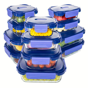 Conjunto de 24 Recipientes de Vidro Herméticos para Armazenamento de Alimentos, à Prova de Vazamentos, Livre de BPA, Seguros para Micro-ondas, Forno, Freezer e Lava-louças, Azul Escuro - 12 Recipientes & 12 Tampas para Preparação de Refeições e Almoço