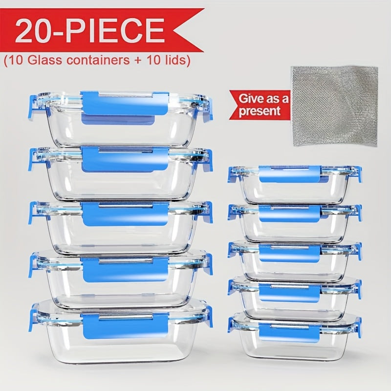 Conjunto Empilhável de 20 Recipientes para Alimentos em Vidro (10 Tampas + 10 Recipientes) - Preparação de Refeições e Despensa Multifuncional. com Tampas Herméticas, Seguro para Forno, Micro-ondas, Geladeira e Máquina de Lavar Louça. Design Durável que E