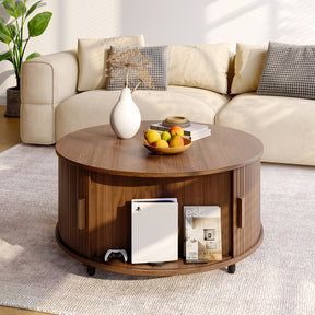 Mesa de café redonda de madeira 31.5 polegadas Mesa central com espaço de armazenamento, porta deslizante curva de 360° e sofá com apoio de pé ajustável Mesa lateral para sala de estar da família Carvalho