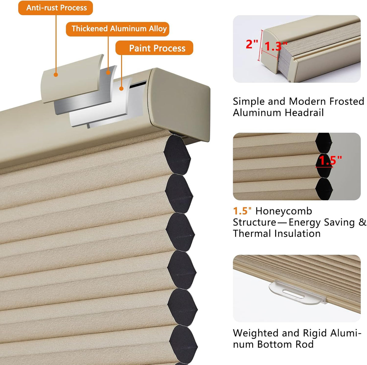 Persilux Custom Size Blackout Cordless Cellular Window Shades & Blinds, Honeycomb Blinds for Windows (Beige, 30" W x 72" H) Window Shades for Home, Room Darkening Cellular Blinds & Shades for Bedroom