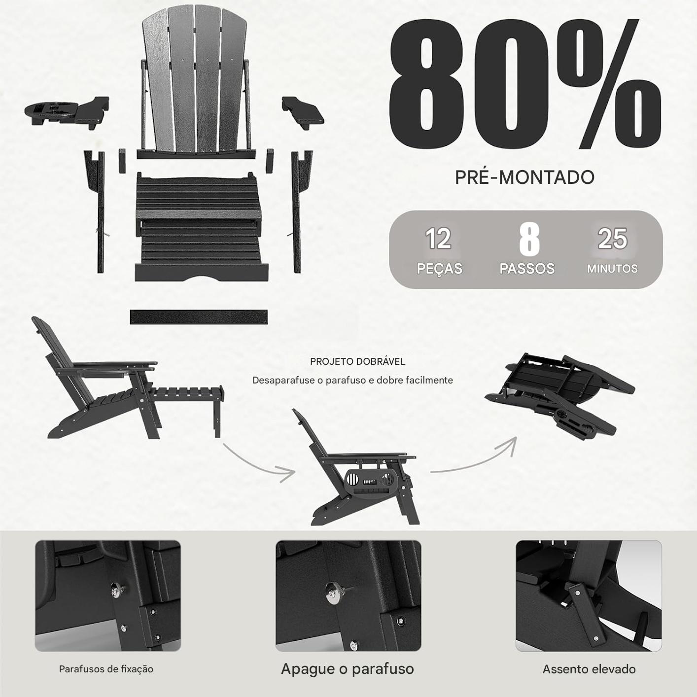 2 Cadeira Adirondack Dobrável Ajustável e Retrátil