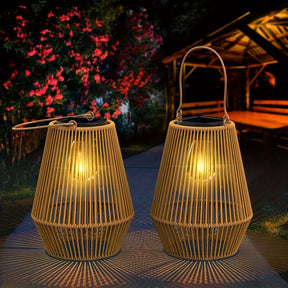 Lâmpadas solares suspensas de vime estilo boêmio, 2 unidades, lanternas LED para exteriores, energia solar 36V, bateria de níquel, para decoração de pátio, jardim, varanda, sem laser, peças eletrônicas incluídas