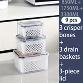 Conjunto de 9 peças de plástico para armazenamento de alimentos com BPA, com cesto de drenagem e tampa - À prova de vazamentos, seguro para frigorífico, organizador de cozinha multifuncional reutilizável para frutas, legumes e alimentos 2025