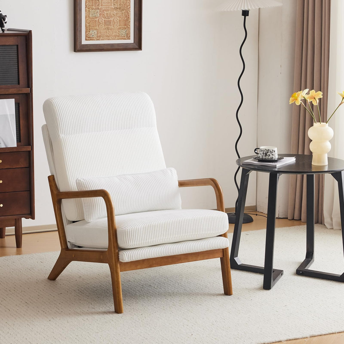 Cadeira de acento de veludo melhorada da VINGLI, cadeira de braço estofada, cadeira de leitura confortável de madeira maciça com almofada lombar, cadeiras modernas de meio século para sala de estar, quarto, quarto de hóspedes