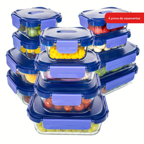 Conjunto de 24 Recipientes de Vidro Herméticos para Armazenamento de Alimentos, à Prova de Vazamentos, Livre de BPA, Seguros para Micro-ondas, Forno, Freezer e Lava-louças, Azul Escuro - 12 Recipientes & 12 Tampas para Preparação de Refeições e Almoço