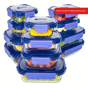 Conjunto de 24 Recipientes de Vidro Herméticos para Armazenamento de Alimentos, à Prova de Vazamentos, Livre de BPA, Seguros para Micro-ondas, Forno, Freezer e Lava-louças, Azul Escuro - 12 Recipientes & 12 Tampas para Preparação de Refeições e Almoço