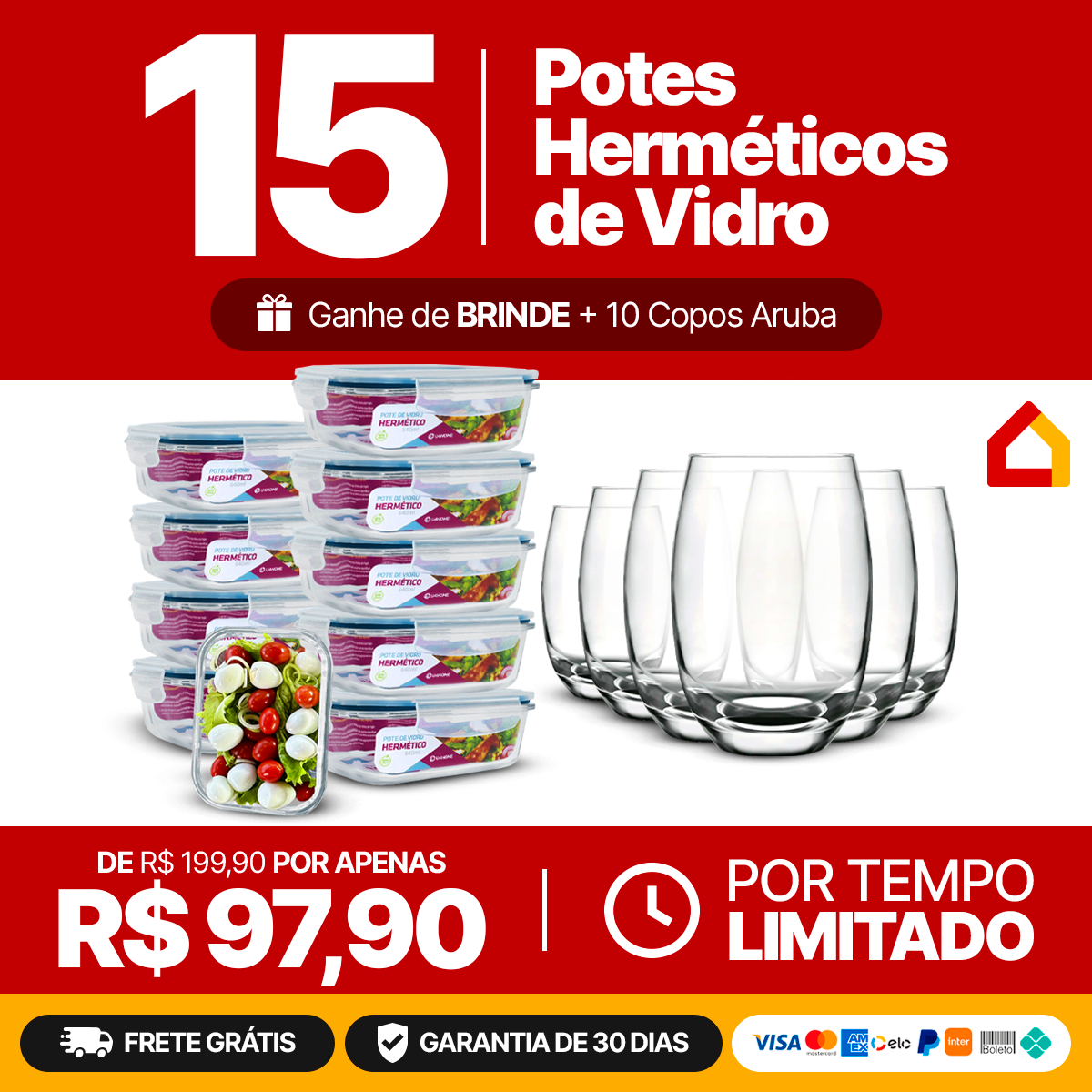 Kit com 15 Potes Herméticos de Vidro + 10 Copos de Vidro Aruba de Brinde