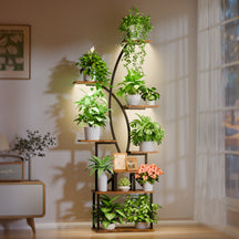 Suporte de planta interno com luz de crescimento, prateleira de planta alta de 8 camadas para plantas internas múltiplas, 65" prateleiras grandes de metal em forma curva para exibição de flores na sala de estar, pátio, varanda