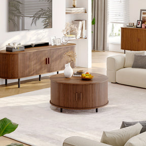 Mesa de café redonda de madeira 31.5 polegadas Mesa central com espaço de armazenamento, porta deslizante curva de 360° e sofá com apoio de pé ajustável Mesa lateral para sala de estar da família Carvalho