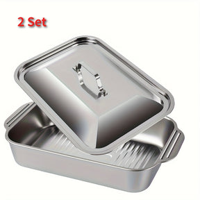 Conjunto de 2 ou 1 Panelas para Grelhar em Aço Inoxidável e Ferro Retangulares com Tampas, Alças, Para Assar, Servir, Antiaderente, Uso Doméstico e Comercial, Restaurante, Acampamento, Utensílios de Cozinha, Laváveis na Máquina de Louça - Essenciais da Co