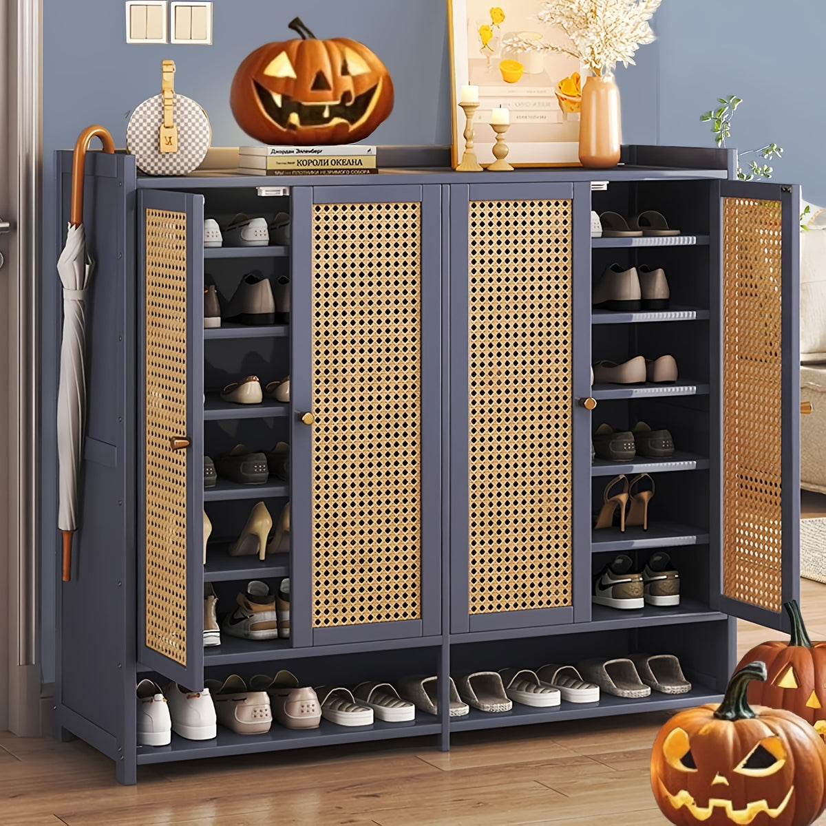 Armário de armazenamento de sapatos de bambu de 8 camadas com portas, sapateira para 38-42 pares para armário, armário de armazenamento de vime com portas para corredor ou sala de estar, marrom/cinza