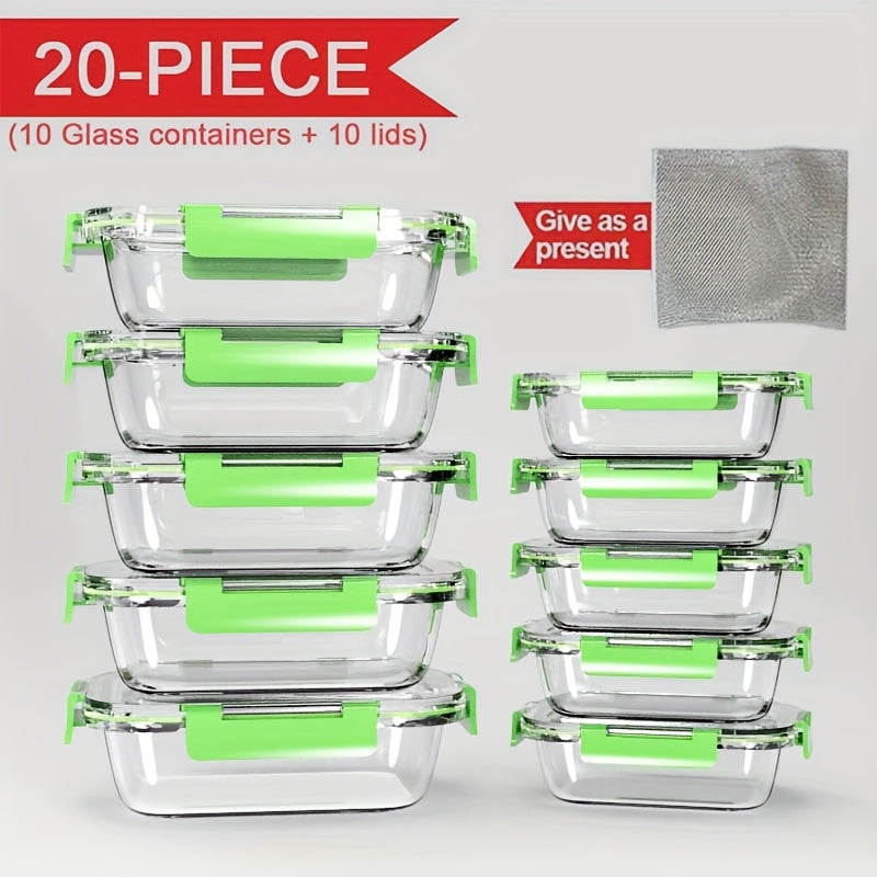 Conjunto Empilhável de 20 Recipientes para Alimentos em Vidro (10 Tampas + 10 Recipientes) - Preparação de Refeições e Despensa Multifuncional. com Tampas Herméticas, Seguro para Forno, Micro-ondas, Geladeira e Máquina de Lavar Louça. Design Durável que E