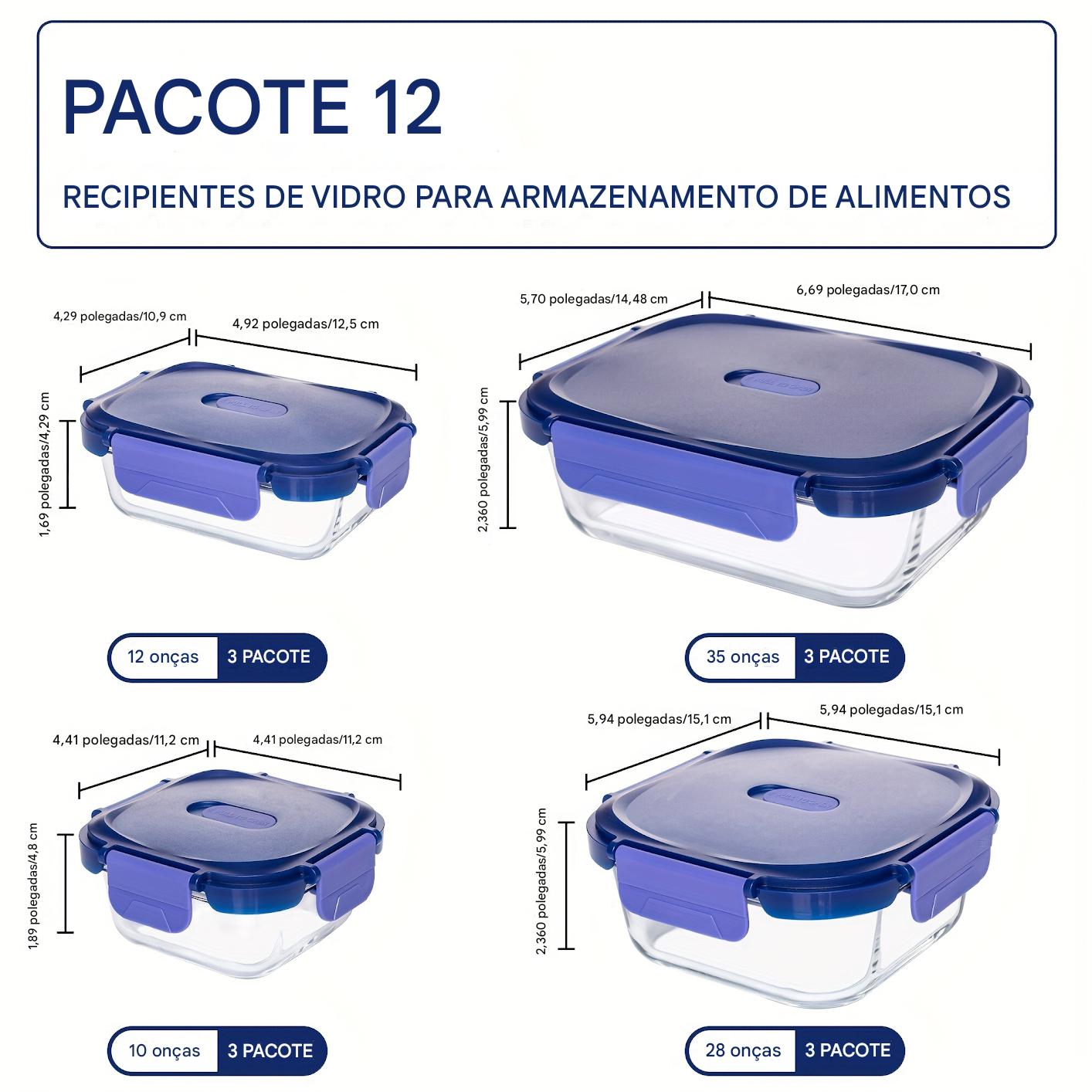 Conjunto de 24 Recipientes de Vidro Herméticos para Armazenamento de Alimentos, à Prova de Vazamentos, Livre de BPA, Seguros para Micro-ondas, Forno, Freezer e Lava-louças, Azul Escuro - 12 Recipientes & 12 Tampas para Preparação de Refeições e Almoço