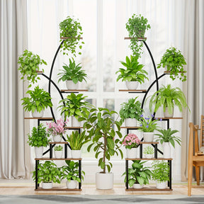 Suporte de planta interno com luz de crescimento, prateleira de planta alta de 8 camadas para plantas internas múltiplas, 65" prateleiras grandes de metal em forma curva para exibição de flores na sala de estar, pátio, varanda
