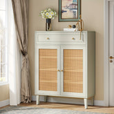 Armário de Piso Moderno com Portas Decoradas com Rattan e Prateleiras Ajustáveis, Organizador de Armazenamento de Madeira Autônomo com Gaveta, Estilo de Porta de Acento para Sala de Estar, Quarto - Construção de Madeira Dura Artificial, Verde-Menta