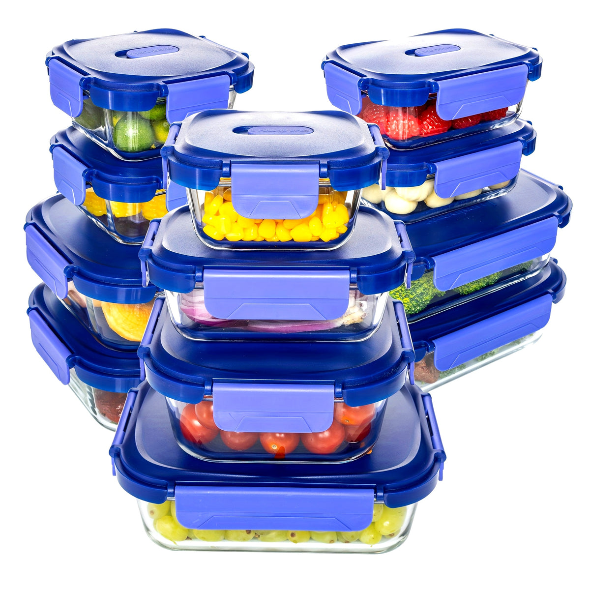 Conjunto de 24 Recipientes de Vidro Herméticos para Armazenamento de Alimentos, à Prova de Vazamentos, Livre de BPA, Seguros para Micro-ondas, Forno, Freezer e Lava-louças, Azul Escuro - 12 Recipientes & 12 Tampas para Preparação de Refeições e Almoço