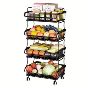 Cesto de frutas e legumes para cozinha, cestos de armazenamento de frutas e legumes empilháveis de 4 níveis com rodas, organizador de cestos de armazenamento de arame metálico para cozinha, despensa.