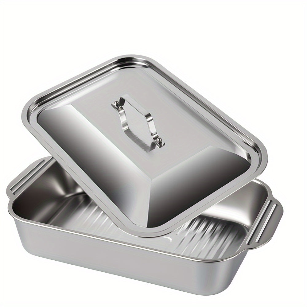 Conjunto de 2 ou 1 Panelas para Grelhar em Aço Inoxidável e Ferro Retangulares com Tampas, Alças, Para Assar, Servir, Antiaderente, Uso Doméstico e Comercial, Restaurante, Acampamento, Utensílios de Cozinha, Laváveis na Máquina de Louça - Essenciais da Co