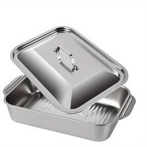 Conjunto de 2 ou 1 Panelas para Grelhar em Aço Inoxidável e Ferro Retangulares com Tampas, Alças, Para Assar, Servir, Antiaderente, Uso Doméstico e Comercial, Restaurante, Acampamento, Utensílios de Cozinha, Laváveis na Máquina de Louça - Essenciais da Co