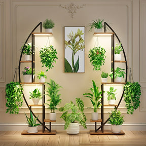 2pcs Suportes para Plantas Internas em Forma de Meia-Lua de 63" com Luzes de Crescimento de Espectro Completo - Prateleiras de Metal Multiníveis para Plantas, Decoração & Mais - Marrom & Preto