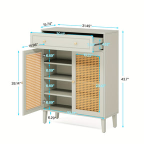 Armário de Piso Moderno com Portas Decoradas com Rattan e Prateleiras Ajustáveis, Organizador de Armazenamento de Madeira Autônomo com Gaveta, Estilo de Porta de Acento para Sala de Estar, Quarto - Construção de Madeira Dura Artificial, Verde-Menta