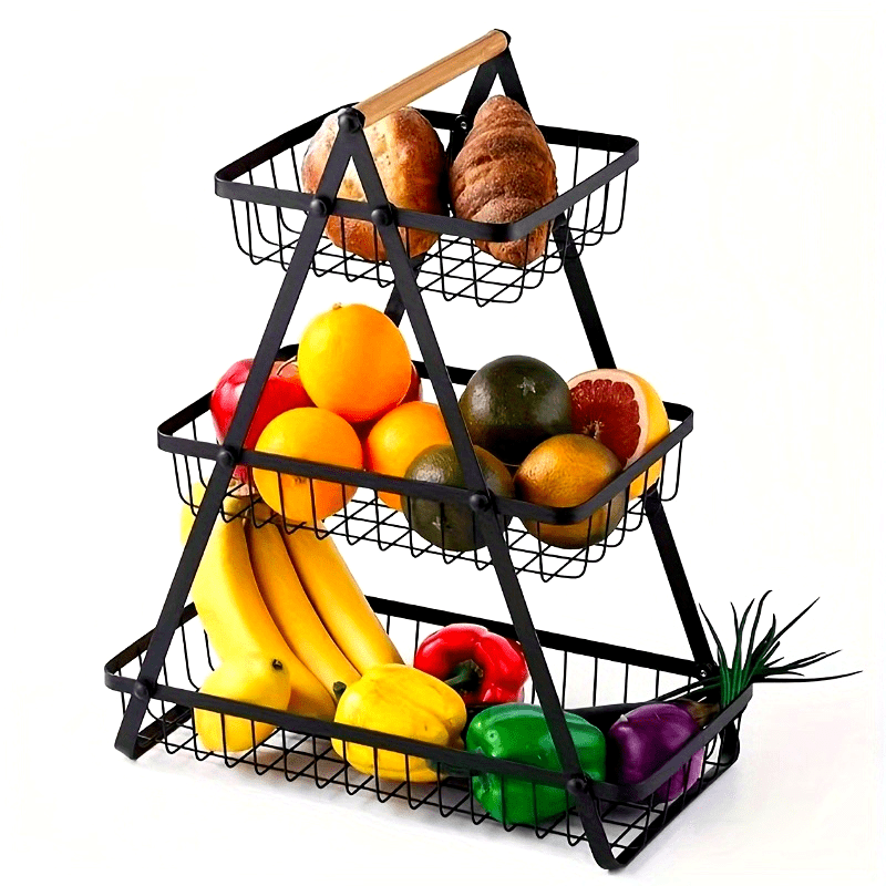 Suporte de frutas de 3 níveis, organizador de tigelas removível com pega de madeira, rack de armazenamento para organização e preservação de cozinha, utensílios de cozinha. Organizador de armazenamento de cozinha resistente para pão e snacks, cesto de fru