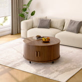 Mesa de café redonda de madeira 31.5 polegadas Mesa central com espaço de armazenamento, porta deslizante curva de 360° e sofá com apoio de pé ajustável Mesa lateral para sala de estar da família Carvalho