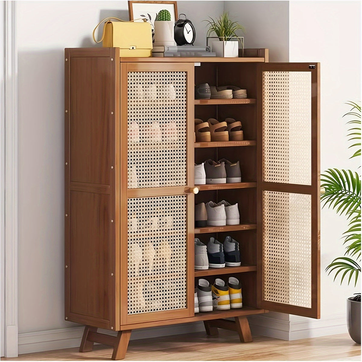 Armário de sapatos, Novo armário de sapatos de 7 camadas para entrada, Armário de sapatos de bambu com portas de vime entrelaçado, Organizador de sapatos autônomo para armário, corredor