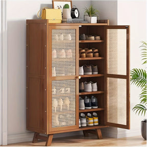 Armário de sapatos, Novo armário de sapatos de 7 camadas para entrada, Armário de sapatos de bambu com portas de vime entrelaçado, Organizador de sapatos autônomo para armário, corredor